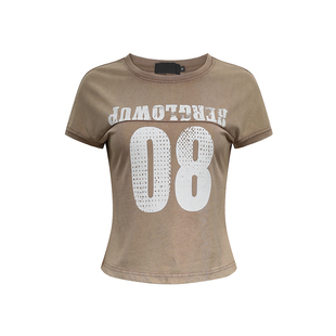 F383 美式复古水洗做旧裂纹短款T恤女美式嘻哈街舞运动短袖上衣夏