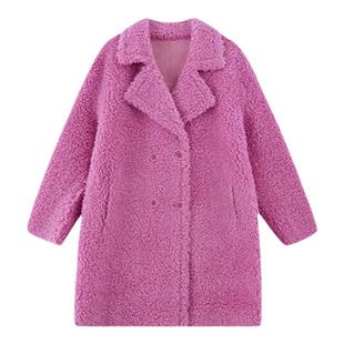 Jamor时尚玫红大翻领绵羊毛大衣2025冬季新款韩版鬼马少女外套