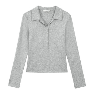 pusumede 高级灰调 气质polo领针织长袖T恤女修身正肩打底衫上衣