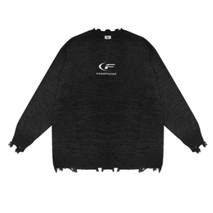 FDR 国潮月牙印花圆领破洞毛衣男女秋冬季慵懒风情侣装针织衫上衣