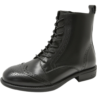 康莉牛皮革真皮马丁靴2025冬季新款加绒洋气小短靴布洛克黑色靴子