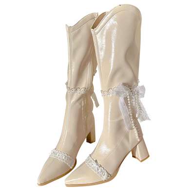 SwtCor甜核原创法式小香风蕾丝边漆皮高跟尖头长靴显瘦百搭高筒靴