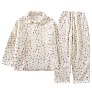 日系圆点娃娃领雪粒绒睡衣女套装套头保暖加厚珊瑚绒家居服可外穿