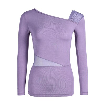 拉丁斜领网纱拼接短上衣