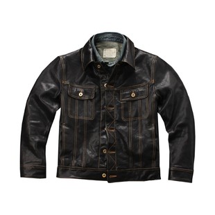 新品真皮皮衣男意大利进口植鞣蜡染绵羊皮风暴骑士翻领牛仔皮夹克