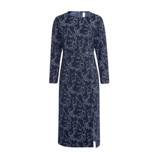 马天奴2025秋冬新款藏青色印花圆领收腰修身连衣裙子钉珠开叉长袖