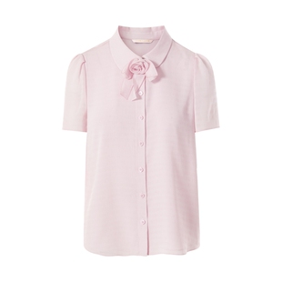 朗姿集团LIME莱茵优雅可拆卸蝴蝶领花衬衫灰粉色25夏OL短袖上衣