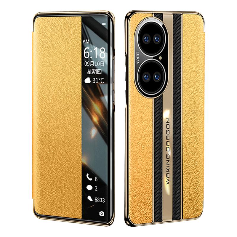 华为P50PRO真皮奢华翻盖皮套智能
