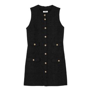 季末7折SANDRO秋冬女装法式黑色多口袋亮色扣无袖短款花呢连衣裙