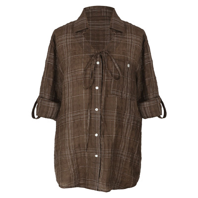 SEEKSIMPLE 100亚麻面料 | V领系带格纹衬衫上衣