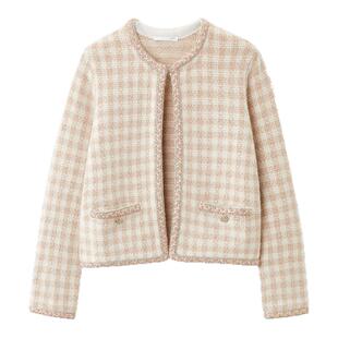 OVV2025秋冬新款女装花式格纹图案织带镶边针织开衫外套