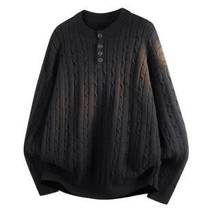 罗蒙复古麻花纹半高领拉链毛衣男士秋冬季美式宽松内搭针织衫男款