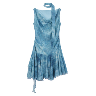 Joeyoo 夏日航海家 蓝色连衣裙女夏斜肩荡领无袖收腰设计感短裙子