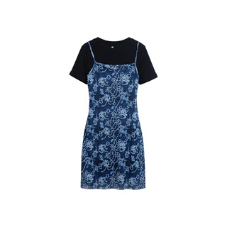 Desigual26春夏新品修身弹力仿牛仔印花吊带两件套短袖女式连衣裙