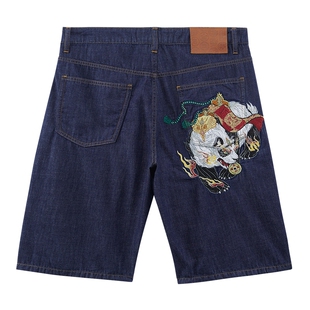 ONIARAI/鬼洗SS泥棒蓝转运食铁兽刺绣牛仔短裤男士 23N0543