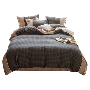 TW小熊A类全棉黑色格子提花床上四件套纯棉被套床单床笠四季通用