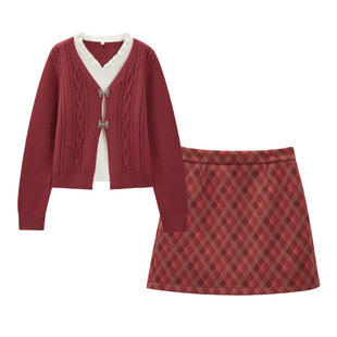 IEF/爱依服【微胖】套装2026秋冬新款韩版复古上衣格子裙两件套女