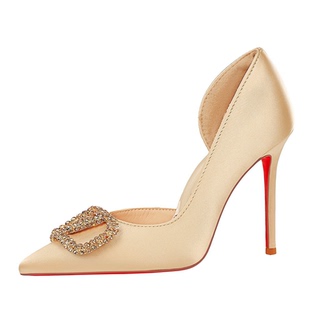 侧空水钻扣日常宴会穿搭高跟鞋细跟尖头优雅性感风红底浅口单鞋女