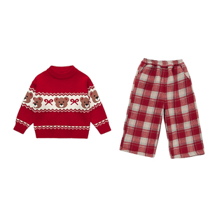 女童红色毛衣冬季加厚儿童圣诞衣服宝宝加绒裤子新年套装冬装内搭