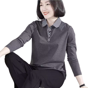 2025春季新款简约显瘦娃娃领格子拼接合体长袖T恤女装外穿上衣服