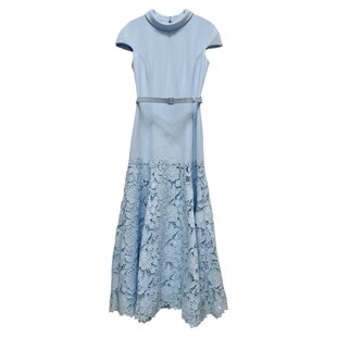 春季新款女装法式高级感温柔风蓝色蕾丝拼接修身收腰气质连衣裙子