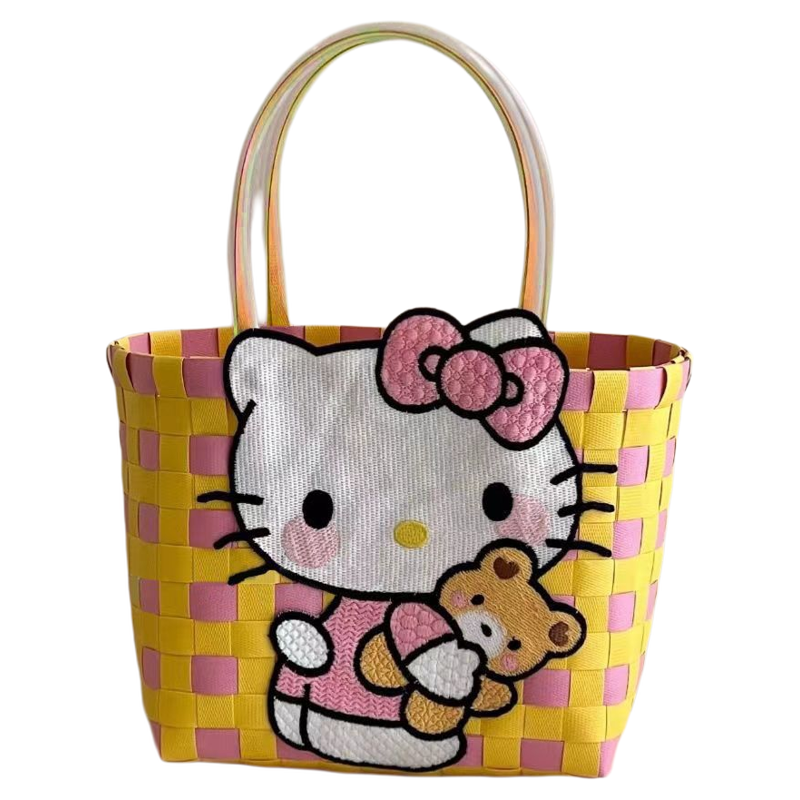 hellokitty编织菜篮子手提包外出手拎袋美乐蒂学生女包通勤便当包