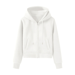 白色连帽短款卫衣开衫外套女秋冬加绒加厚韩系修身拉链小个子上衣