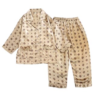 夏季儿童睡衣长袖裤子仿真丝绸男女童小孩宝宝冰丝白色家居服薄