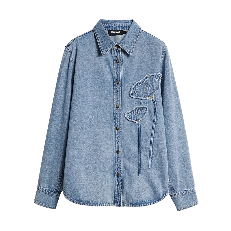 Desigual26秋冬新品宽松水洗牛仔立体花朵贴布绣花长袖女式衬衫