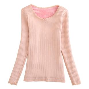 加绒加厚保暖内衣女美体紧身蕾丝条纹针织秋衣低领打底衫防寒上衣