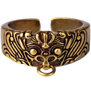 道系饰品饕餮兽面纹铜戒指男女开口指环复古戒子霸气刻字招财戒指