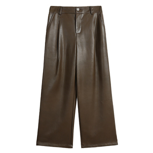 辰米范 约克街区 黑色高腰宽松阔腿皮裤女pu皮垂坠感直筒休闲长裤