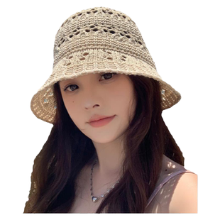 新款网红针织镂空日系渔夫帽夏季防晒帽子女户外便携可折叠遮阳帽