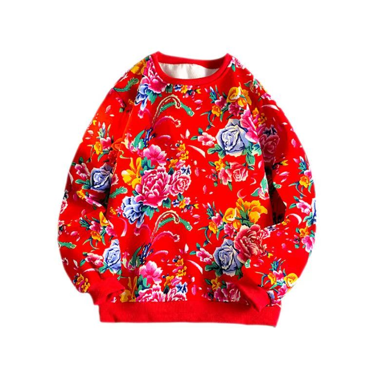 国潮加绒女士高级潮牌东北秋冬季大花情侣家居服套装大码圆领卫衣