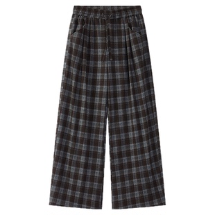 万有引力博物馆 高腰阔腿裤格子裤女春秋款裤子宽松休闲裤长裤