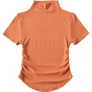 小高领弧形下摆侧边抽褶收腰短袖紧身T恤夏季新款女辣妹短款上衣