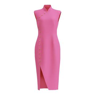 芭比旗袍/玫粉色新中式改良旗袍slimfit修身剪裁多巴胺粉色连衣裙