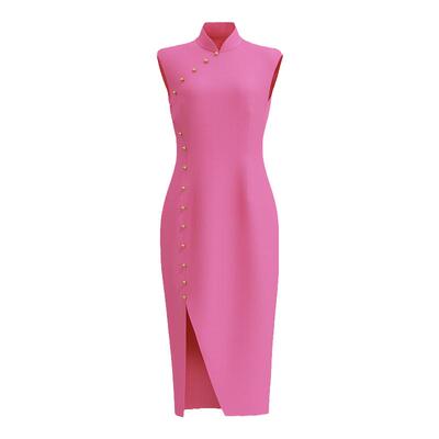 芭比旗袍/玫粉色新中式改良旗袍slimfit修身剪裁多巴胺粉色连衣裙