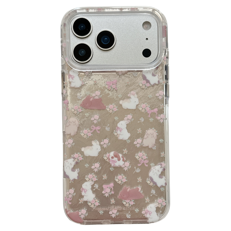 jze 少女心粉色碎花可爱兔子锡纸纹适用苹果17ProMax手机壳iphone15新款16pro双层13带链条15pro防摔保护套14