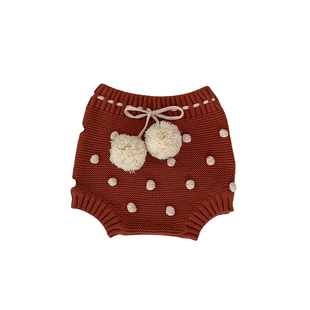 巴梵欧女宝宝春装短裤针织小圆球钩花抽绳毛裤小月龄婴儿棉裤新款