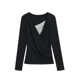 NEVA HU内搭黑马 交叉V领假两件长袖T恤女设计感褶皱针织打底上衣