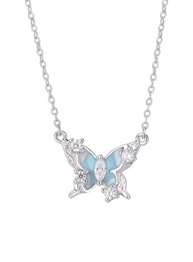 s999纯银星光蝴蝶项链女夜光珐琅