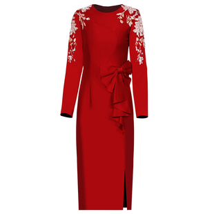 创意狐红色修身女贴花刺绣高端宴会主持人礼服裙气质合唱团演出服