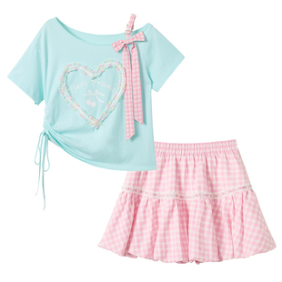 织物猪 莓汽泡泡 夏日多巴胺露肩上衣女宽松爱心绣花设计可爱T恤