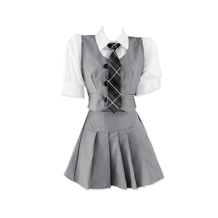 西装学院风英伦甜美领结马甲衬衫百褶裙校园jk韩系校服套装春季女