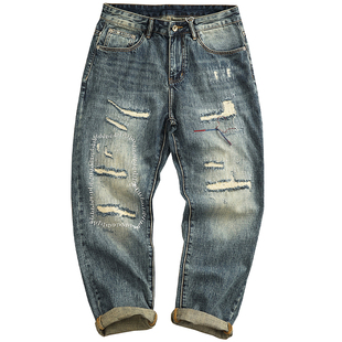 日系复古贴布破洞牛仔裤男水洗做旧直筒锥形猫须刷白牛仔长裤子潮