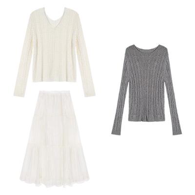 贰羊设计【知禾】镂空慵懒毛衣V领针织罩衫+设计感褶皱半身裙套装