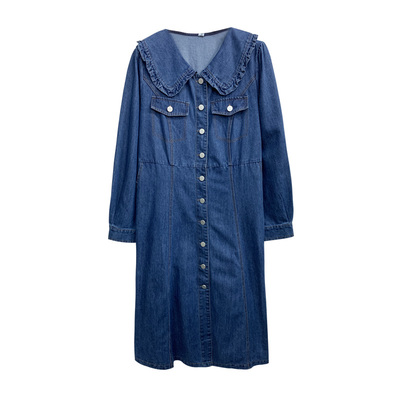 胖MM复古翻领中长款牛仔连衣裙