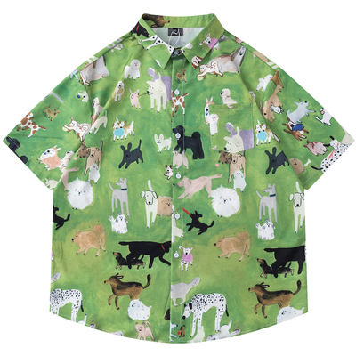 动物园里满印夏季宽松短袖衬衫