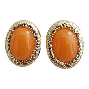 中古vintage小众耳饰独特复古高品质橘黄色云纹仿琉璃耳钉B185